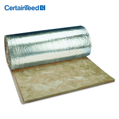 Aislante flexible termo acústico tipo manta compuesta fibra de vidrio inorgánica con una unión basada en vegetales sin formaldehído para ductos de aire acondicionado y calefacción. Con barrera de vapor FSK.